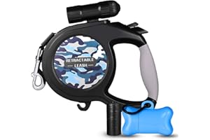 WOT I Retractable Dog Leash, 26 ft Dog Walking Leash for Medium Large Dogs up to 110lbs, LED Light &Dog Waste Dispenser Bags included, Tangle Free, One Button Break & Lock, Blue Pattern