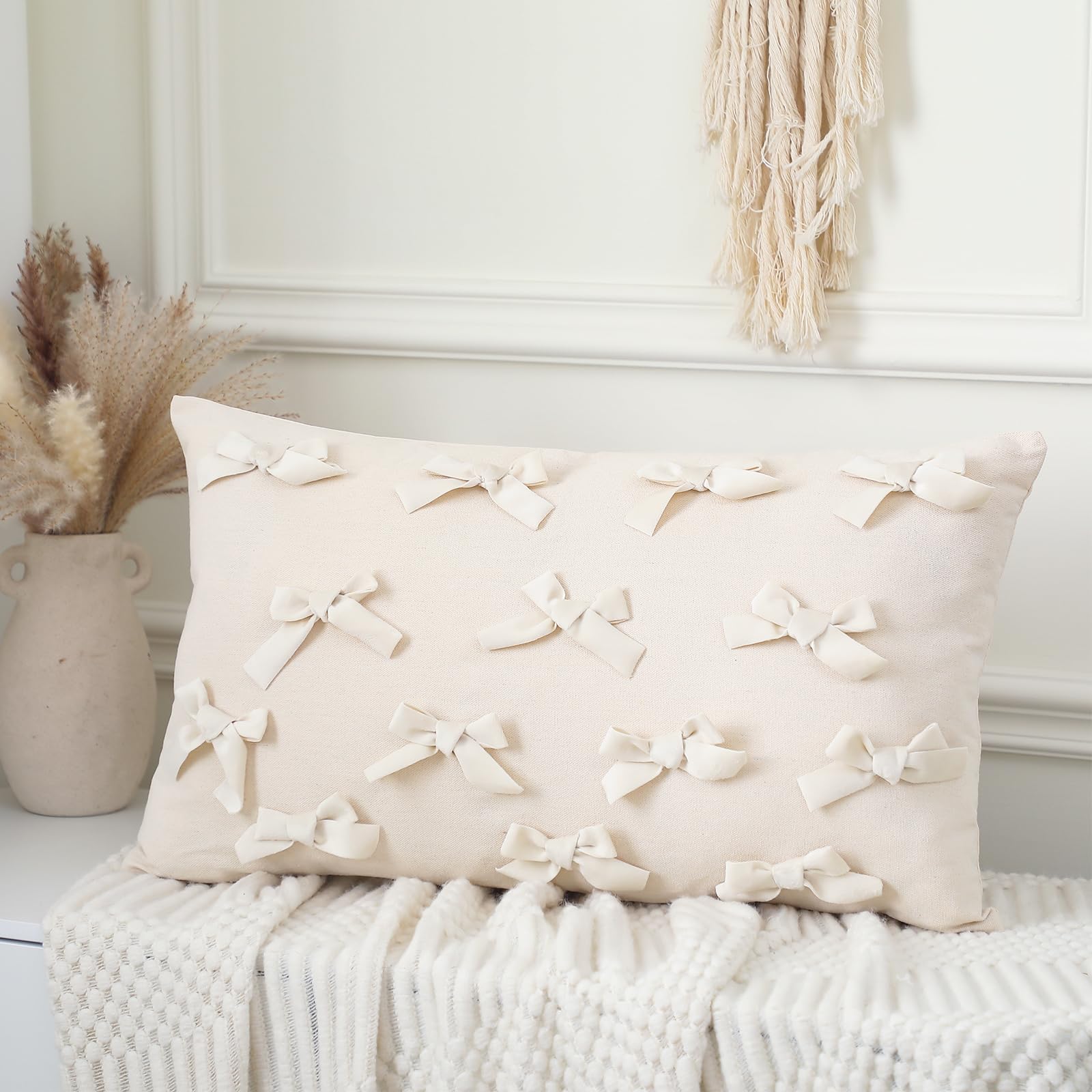 Photo 1 of Weysat Boho Bow Pillow 24''x14'' Decorative Throw Pillow Soft Linen Fabric Bowknot Lumbar Cushion Aesthetic Classy Bow Room Decor for Bed Couch Sofa Office Nursery Car Living Room, Cream White
