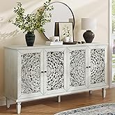 WILSHINE Sideboard Buffet Credenza Cabinet, 4-Door Hollow-Carved Accent Cabinet, 60" Large Vintage Distressed Sideboard Stora