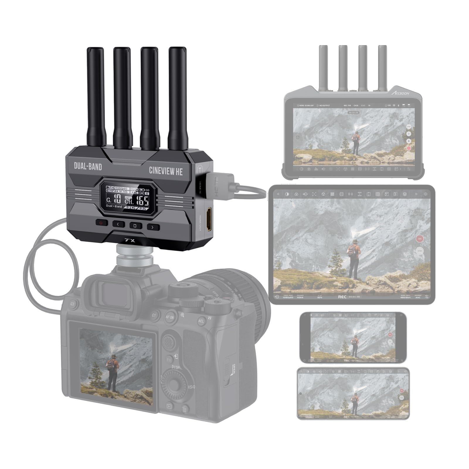 Accsoon CineView HE Transmitter Wireless HDMI Transmitter 1080p60 Wireless Video Transmission Device, Range 1200ft Latency <0.06s, 4 Devices Monitoring, Compatible with Cineview 2 SDI/SE/Quad-TX Only