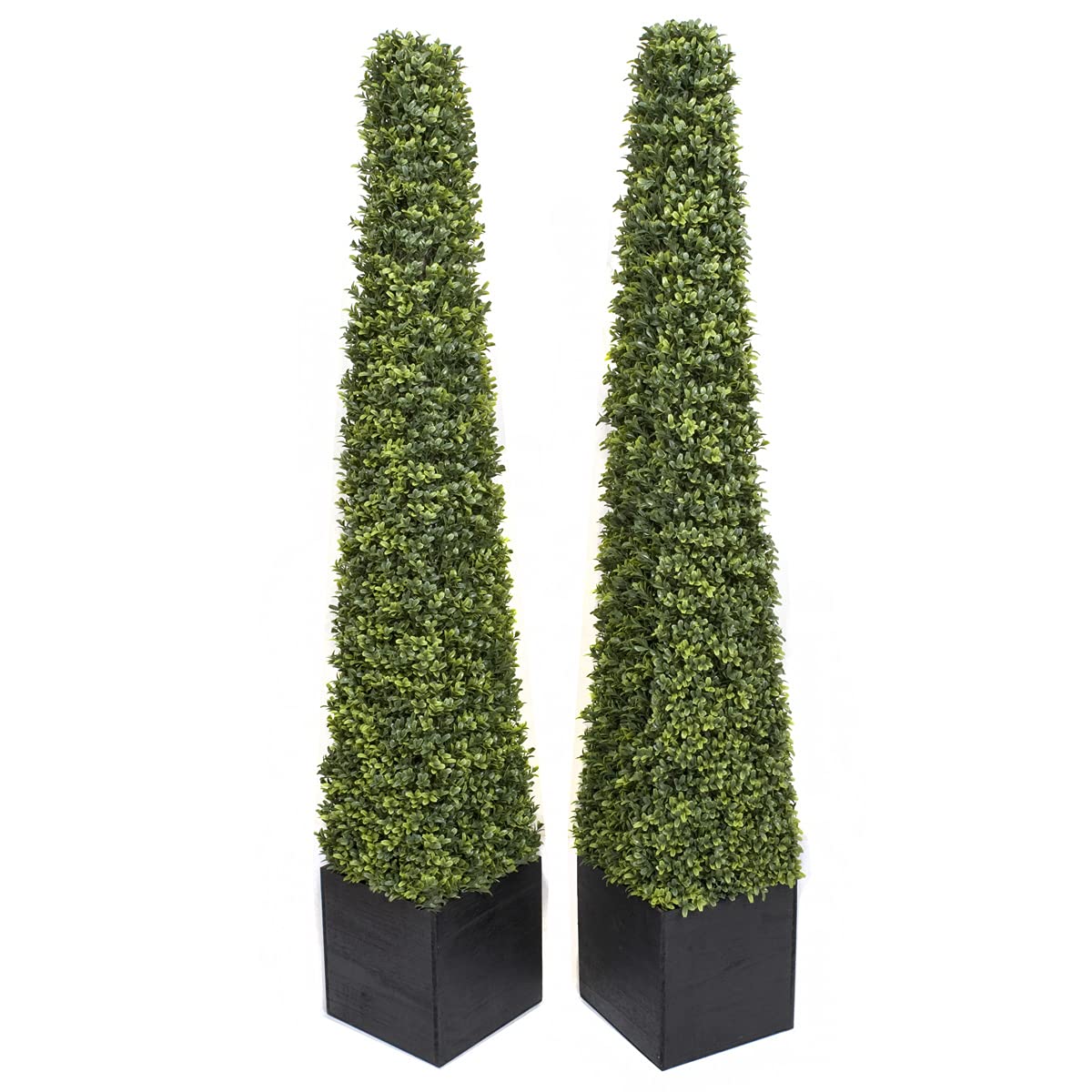 2 x Artificial Premium Quality Topiary Boxwood Pyramid Trees in Black Square Planter for Indoor Outdoor Decor, UV Stable (5ft/150cm)