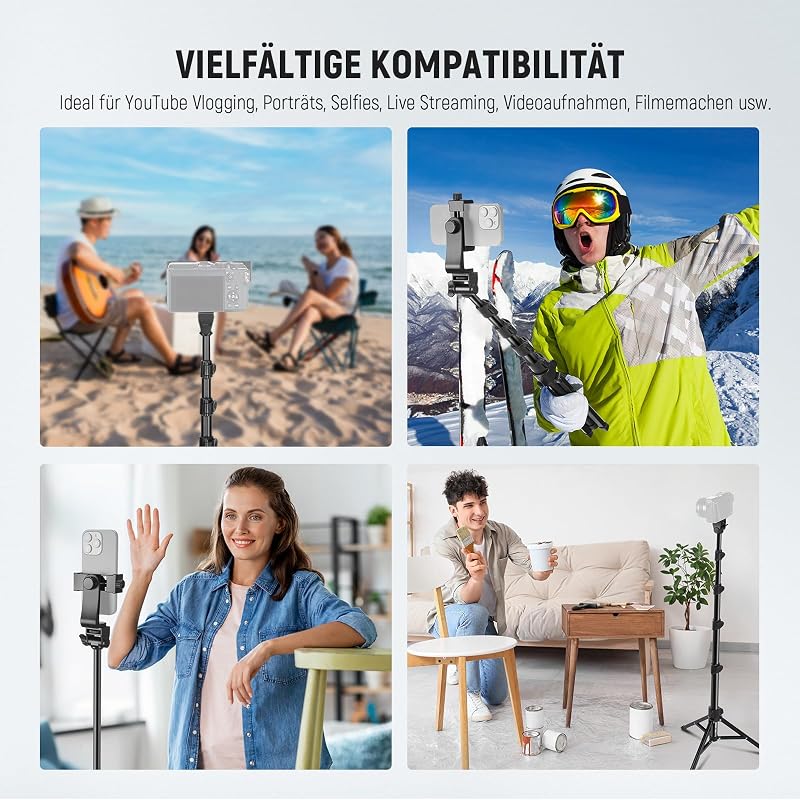 Basic Handy Stativ für iPhone Kamera mit Fernbedienung und Handyhalterung, 66" Metall Selfie Stick, Reise Vlog Smartphone Stativ, tragbare Kamera Mobile Tripod für Videoaufnahmen Filmen, TS03
