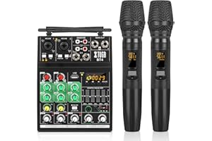 XTUGA 4 Channel Audio Mixer, Karaoke Sound Board Console with Wireless Microphone, Supports BT-4.0, 48V Phantom Power,USB Aud
