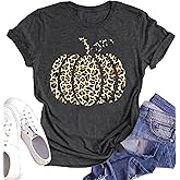 Halloween Pumpkin Shirt Women Leopard Graphic Tees Short Sleeve Fall T-Shirt Thanksgiving Gift Tops