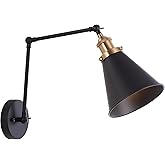 JONATHAN Y 7" Black/Brass Gold Classic Industrial Metal Adjustable Arm LED Wall Sconce for Bedside Reading, Farmhouse Swing A
