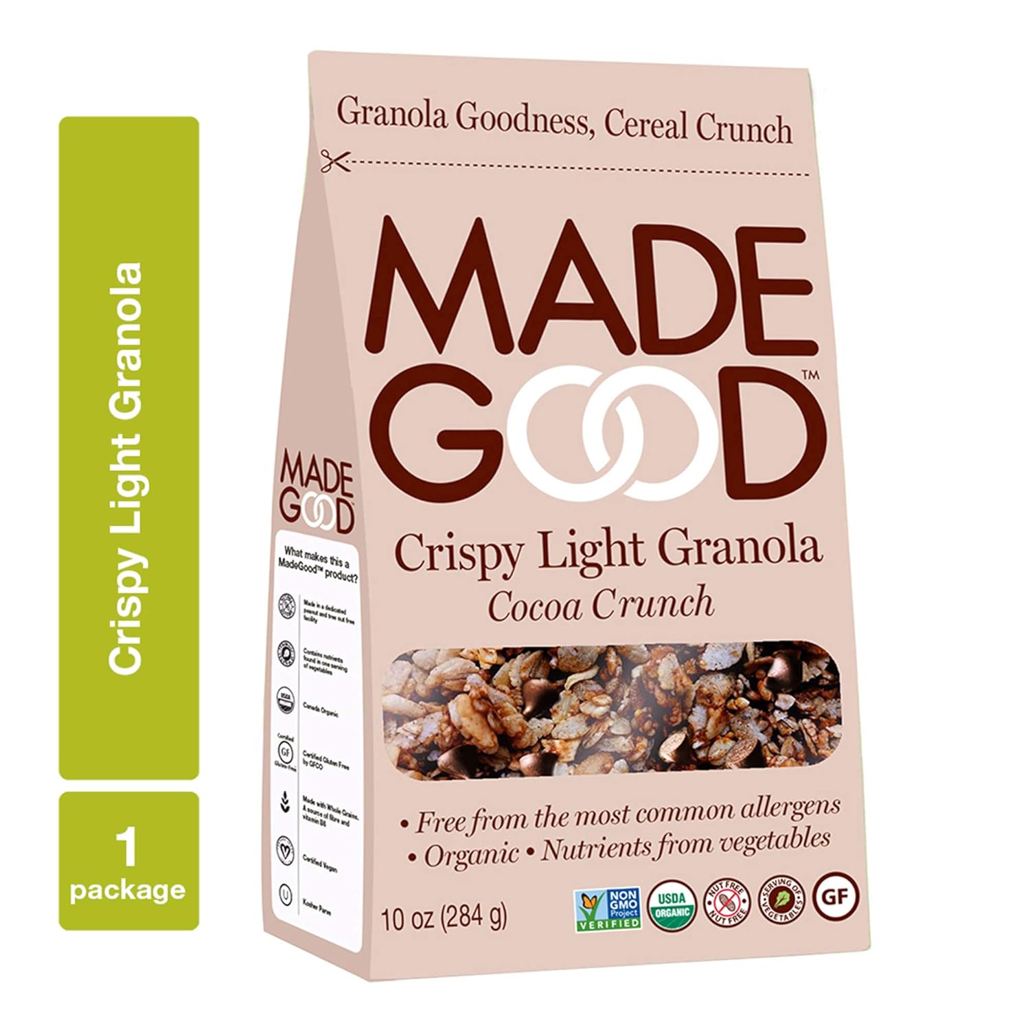 MadeGood Cocoa Crunch Crispy Light Granola [Nut-Free, Gluten Free, Allergy Friendly, USDA Certified Organic Ingredients, Vegan, Non-GMO; Nutrients from a Full Serving of Vegetables]