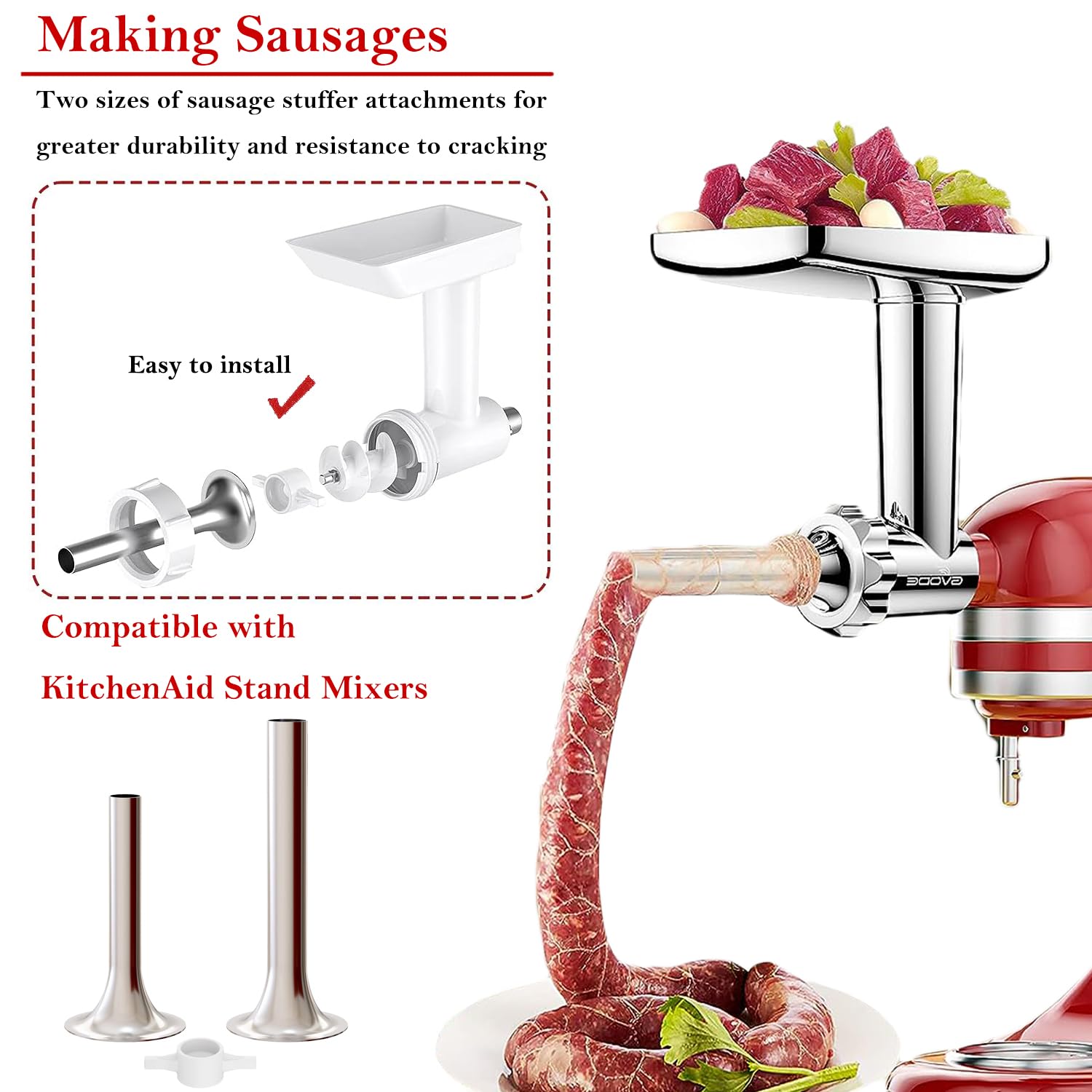 Gvode Sausage Stuffer Attachment for KitchenAid Stand Mixer Food Grinder Attachment(FGA), plus 1 Retainer Ring, Stainless Sausage Stuffer Kit