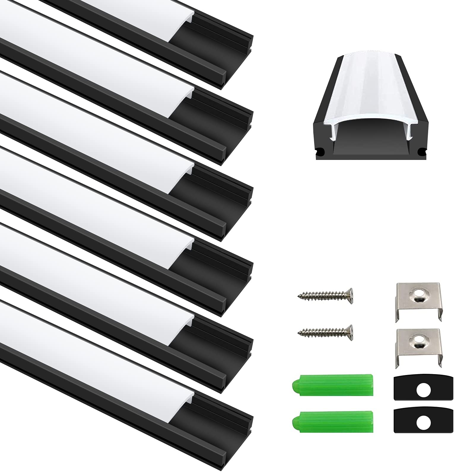 inShareplus 6 Pack, 3.3ft/1 Meter, Black, LED Aluminum Channel System U Shape with Milk White Cover, End Caps and Mounting Clips, Aluminum Profile for LED Strip Light Installation