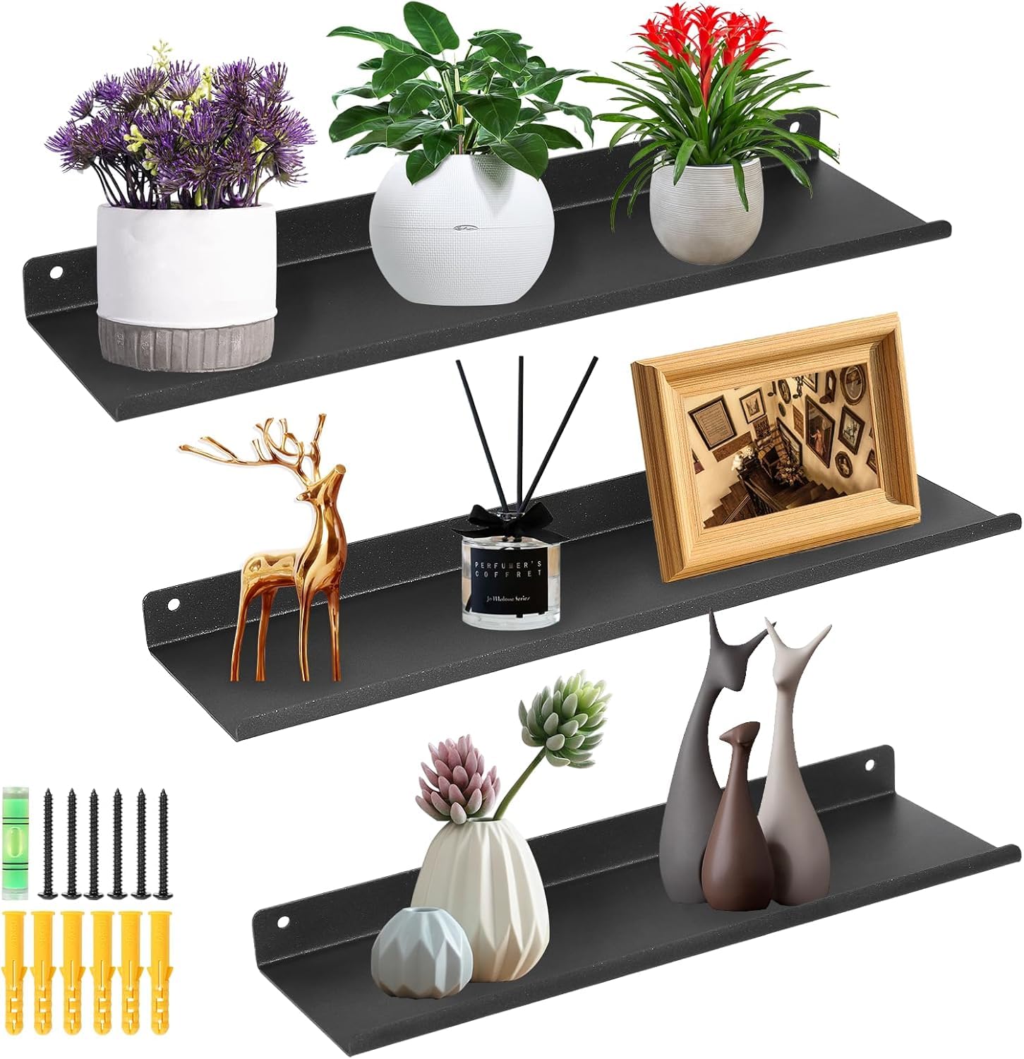 himaly Metal Wall Shelf, Floating Shelves, 30/35/40 cm, Wall Mounted Shelves Set of 3 for Kitchen, Bathroom, Living Room, Bedroom, Black 02