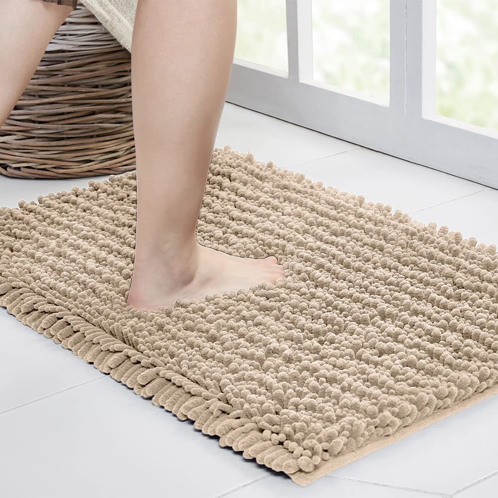 Photo 1 of Walensee Bathroom Rug Non Slip Bath Mat (24x17 Inch Beige) Water Absorbent Super Soft Shaggy Chenille Machine Washable Dry Extra Thick Perfect Absorbant Best Small Plush Carpet for Shower Floor