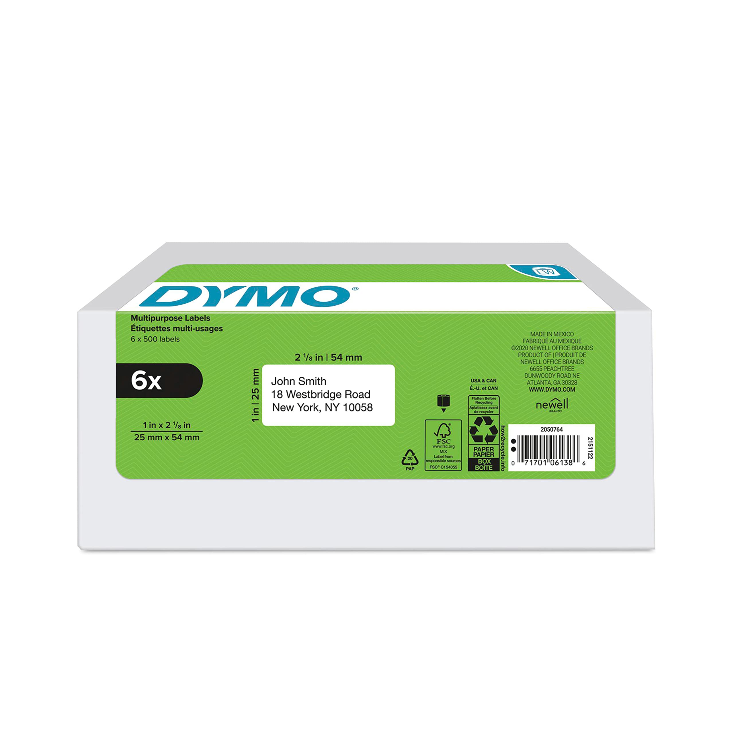 Photo 1 of DYMO Authentic LW Multi-Purpose Labels for LabelWriter Label Printers, White, 1" x 2-1/8", 6 rolls of 500 (3000 Total)