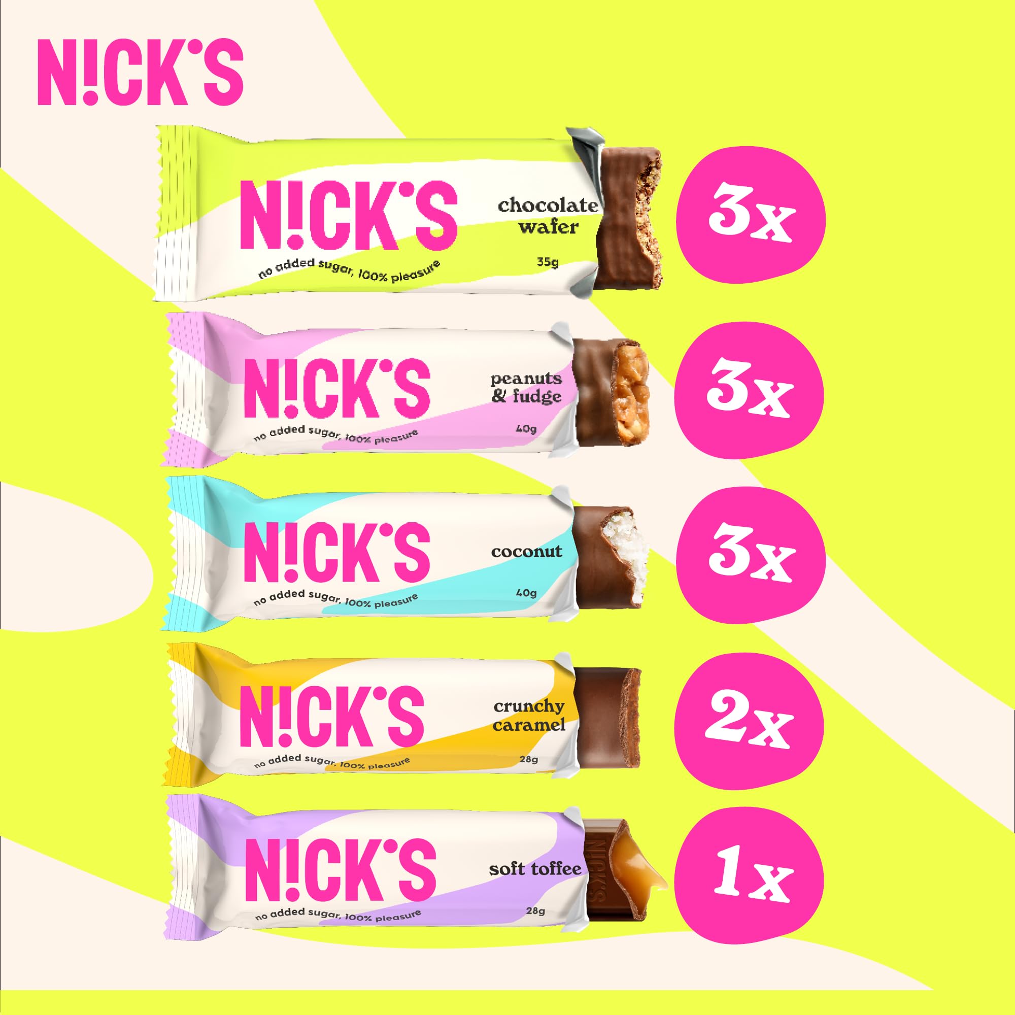NICKS Schokolade Keto Riegel ohne Zuckerzusatz, Favoriten Mix box mit Schokoriegel Glutenfrei, Low carb Süßigkeiten ohne Palmöl (Probierpaket mit 12 Snacks bars) 3