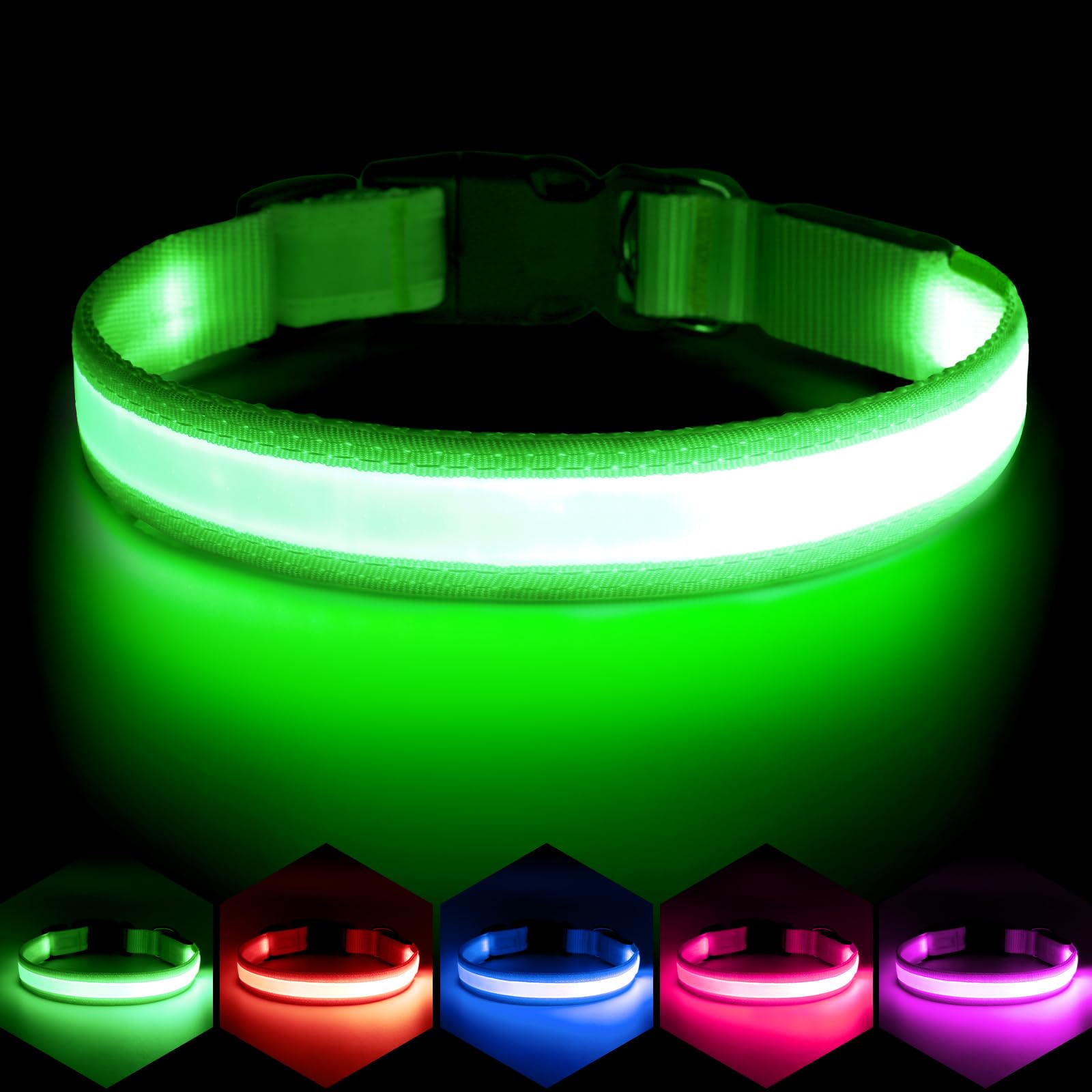 Photo 1 of Vizpet LED Dog Collar, Light Up Dog Collar Adjustable USB Rechargeable Super Bright Safety Light Glowing Collars for Dogs(Medium,Green)