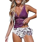 CUPSHE Women's Tankini Sets Two Piece Swimsuits Mid Rise V Neck Adjustable Straps Back Hook Cutout Cheeky