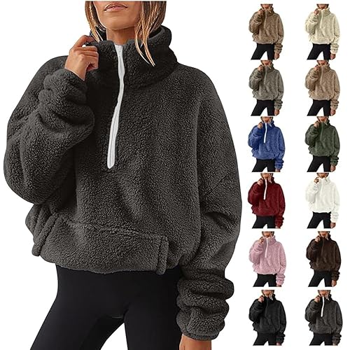 Fleece Jacket Women Long Sleeve Stand Collar half zip fleece women teddy fleece jacket women Tunic Tops Jumpers Pullover Tops Sweatshirts Loose Fit Casual Fluffy Fall Winter Warm Coats Dark Gray L