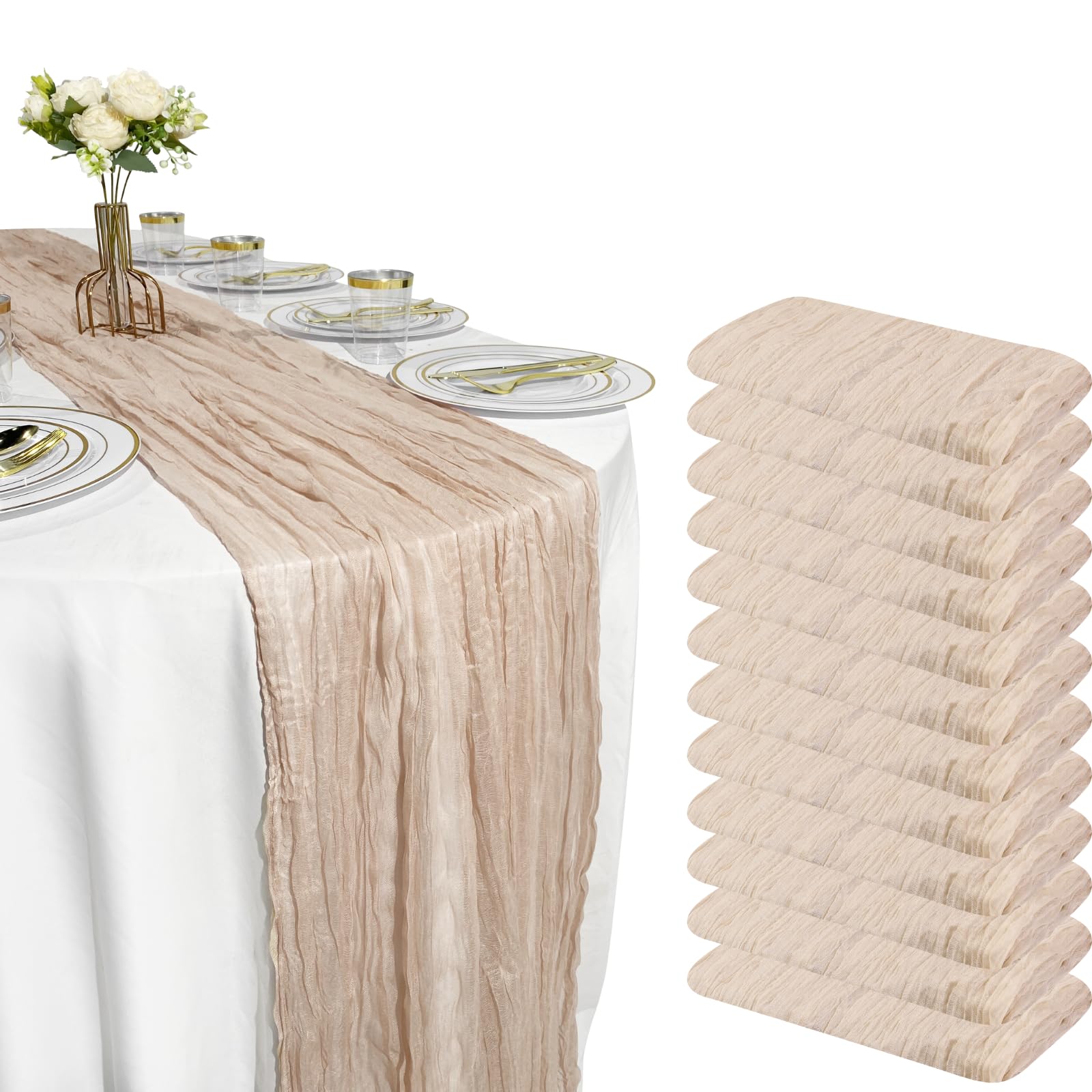 Photo 1 of 12 Pack Brown Cheesecloth Table Runner – 10FT x 12pcs Rustic Gauze Table Runners for Fall Wedding, Thanksgiving, Farmhouse Dinner, Boho Party Décor