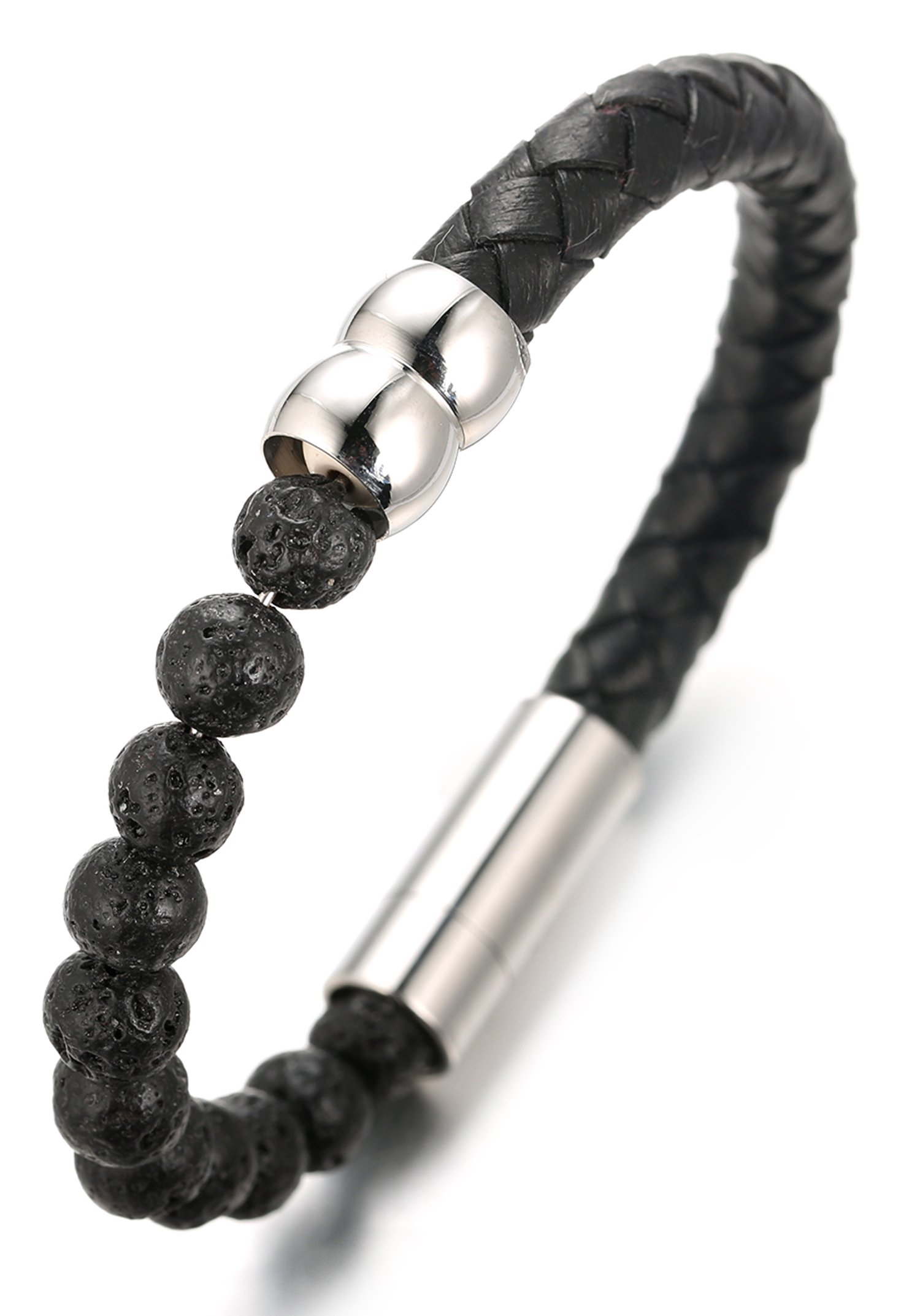 HALUKAKAH ● Salute The Earth ● Men's Genuine Leather Bracelet with Lava Rock Beads,Smart Magentic Clasp, 8.46"(21.5cm) with Free Giftbox