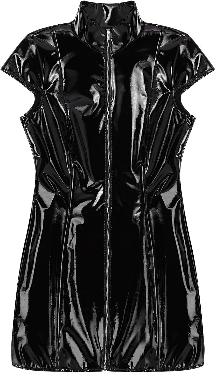 iEFiEL Women PVC Leather Wetlook Sleeveless Stand Collar Front Zipper Bodycon Mini Dress for Club Party: Clothing