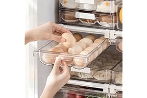 MEIJIA Egg Holder for Fridge with Handle, Automatic Rolling Egg Organizer for Refrigerator Clear Plastic Egg Storage for Refrigerator Pull Out Egg Drawer for Refrigerator