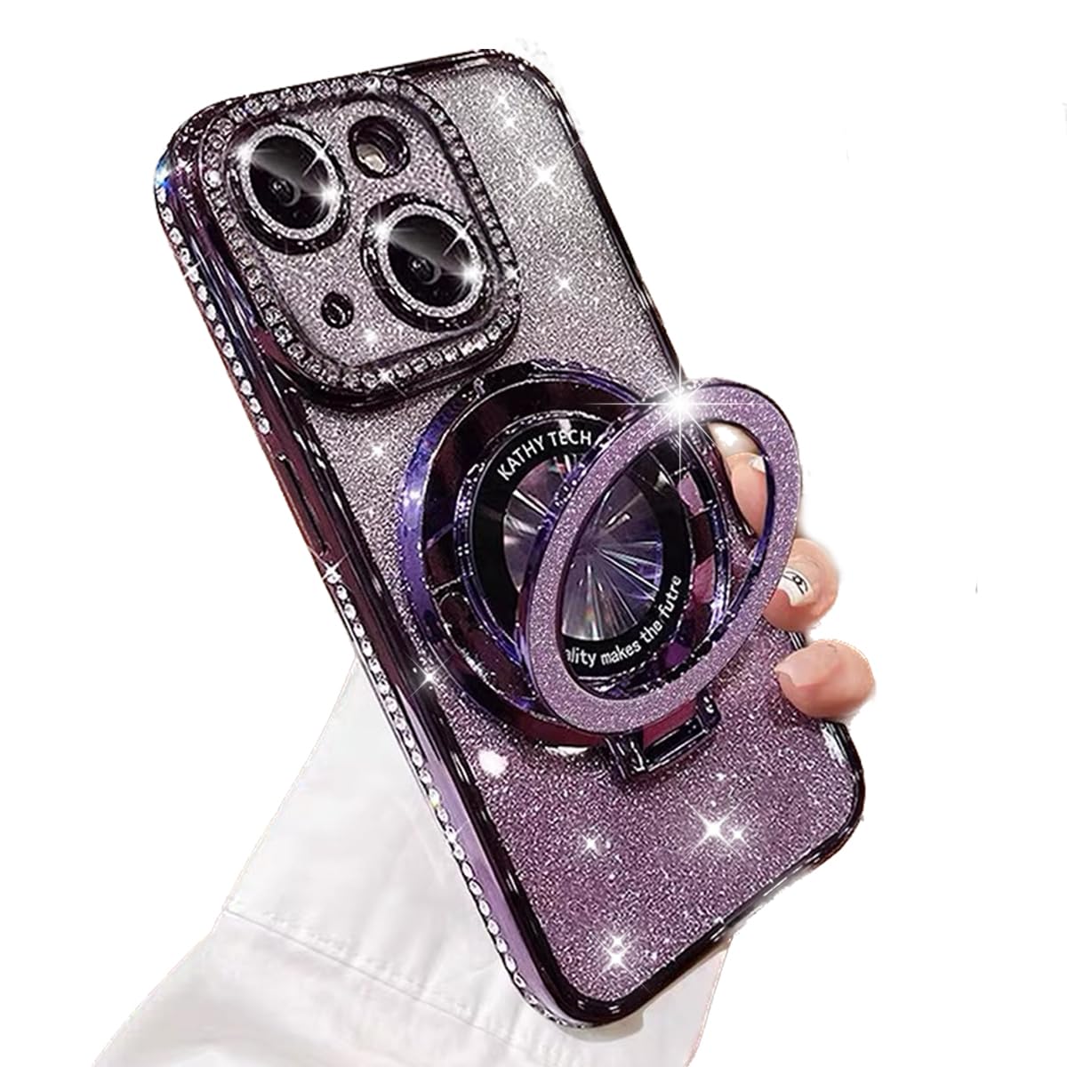 AuroiCCY Magnetic Case for iPhone 15 with Holder Stand, [Compatible with Magsafe] Bling Glitter Diamonds Rhinestone Camera Lens Protector for Woman Girly Cute Phone Cover for iPhone 15 6.1" (Purple)