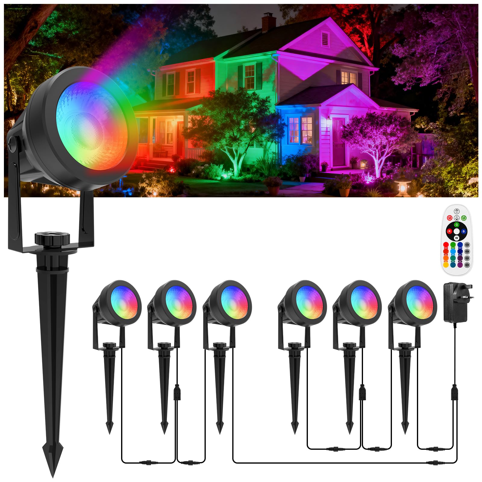 T-SUNUS RGB Garden Spotlights Mains Powered, 6-in-1 Outdoor Coloured Spotlights, 16 Colors and 4 Lighting Modes, 12V/24V Low Voltage Landscape Lights, IP65 Spike Lights Pathway Lighting Yard Lawn