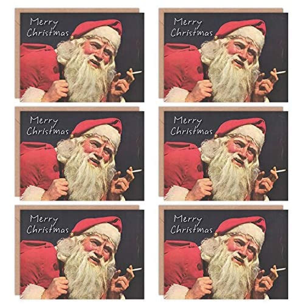Wee Blue Coo Christmas Cards x6 Funny Santa Smoking Merry Christmas Set Xmas