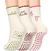 Jeyiour 3 Pairs Pilates Socks with Grips for Women Cute Non Slip Yoga Barre Crew Socks Women for Workout Barre Pilates Hospital Sticky Slipper Gifts