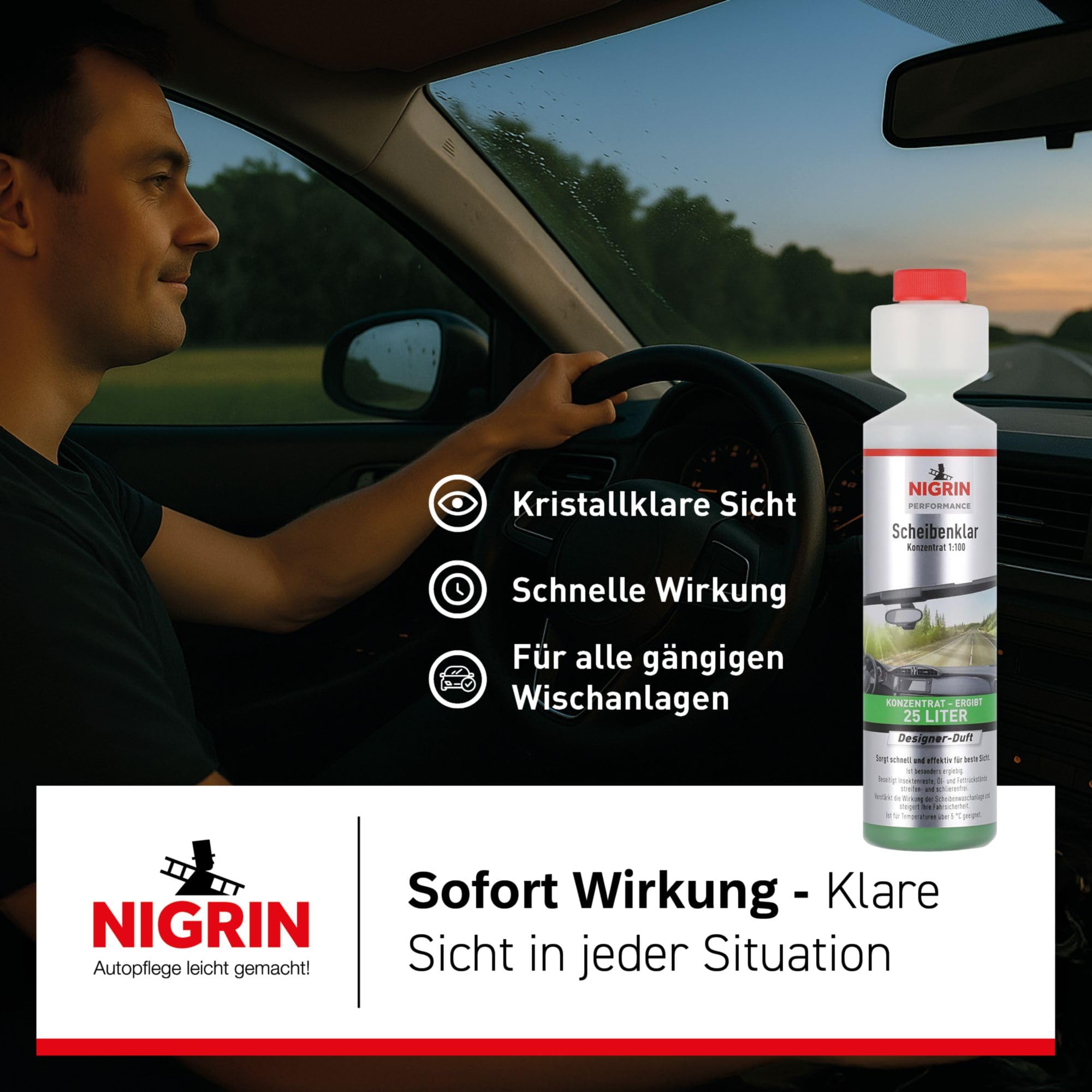 NIGRIN Performance Scheibenklar Konzentrat 1:100 Designer Duft | 250 ml | Reinigungszusatz für Autoscheiben und Scheinwerfer | entfernt Insekten, Öl, Fett | schlierenfrei | sehr ergiebig | ab 5°C 3