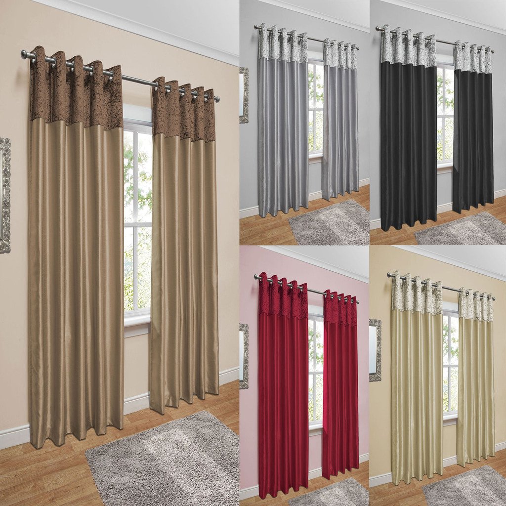 John Aird Crushed Velvet Band Faux Silk Eyelet Curtains Mocha 90