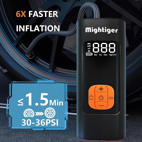 MIGHTIGER TIRE INFLATOR PORTABLE AIR COMPRESSOR CORDLESS MINI AUTOMATIC AIR PUMP WITH DIGITAL PRESSURE GAUGE 150PSI 3X FAST INFLATION AND AUTO SHUTOFF SOS LIGHT TIRES PUMP FOR CAR (BLACK)