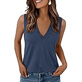 AUTOMET V Neck Tank Tops Womens Casual Sleeveless Flowy Summer Shirts with Pleated Necklines