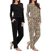 Xelky 2 Pack Womens Pajamas Set Long Sleeve Pajama Tops and Pants Sleepwear Soft Lounge Sets with Pocket