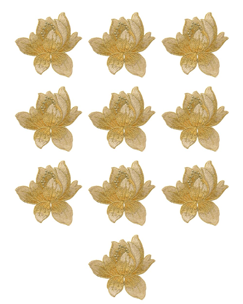 Photo 1 of 10 Pieces Blooming Lotus Embroidered Applique Orchid Flower Iron on Patches Sew on Badge Stickers for Clothes Backpack Repairing Embellishment Decorations (Gold)