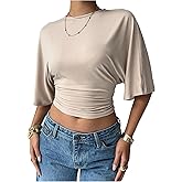 Verdusa Women's Half Sleeve Cinched Waist Tops Ruched Crew Neck T Shirts Going Out Crop Tops