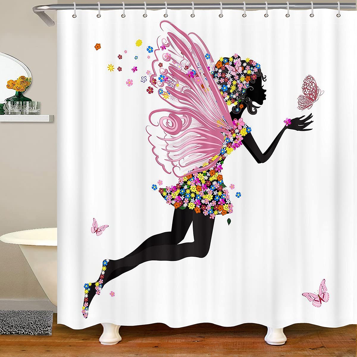 Loussiesd Butterfly Bath Curtain Flower Fairy Shower Curtain Kids Girls Colorful Floral Bathroom Curtain Set with Hooks Girly Butterflies Waterproof Cloth Fabric Fantasy Bedroom 72x94 Inch