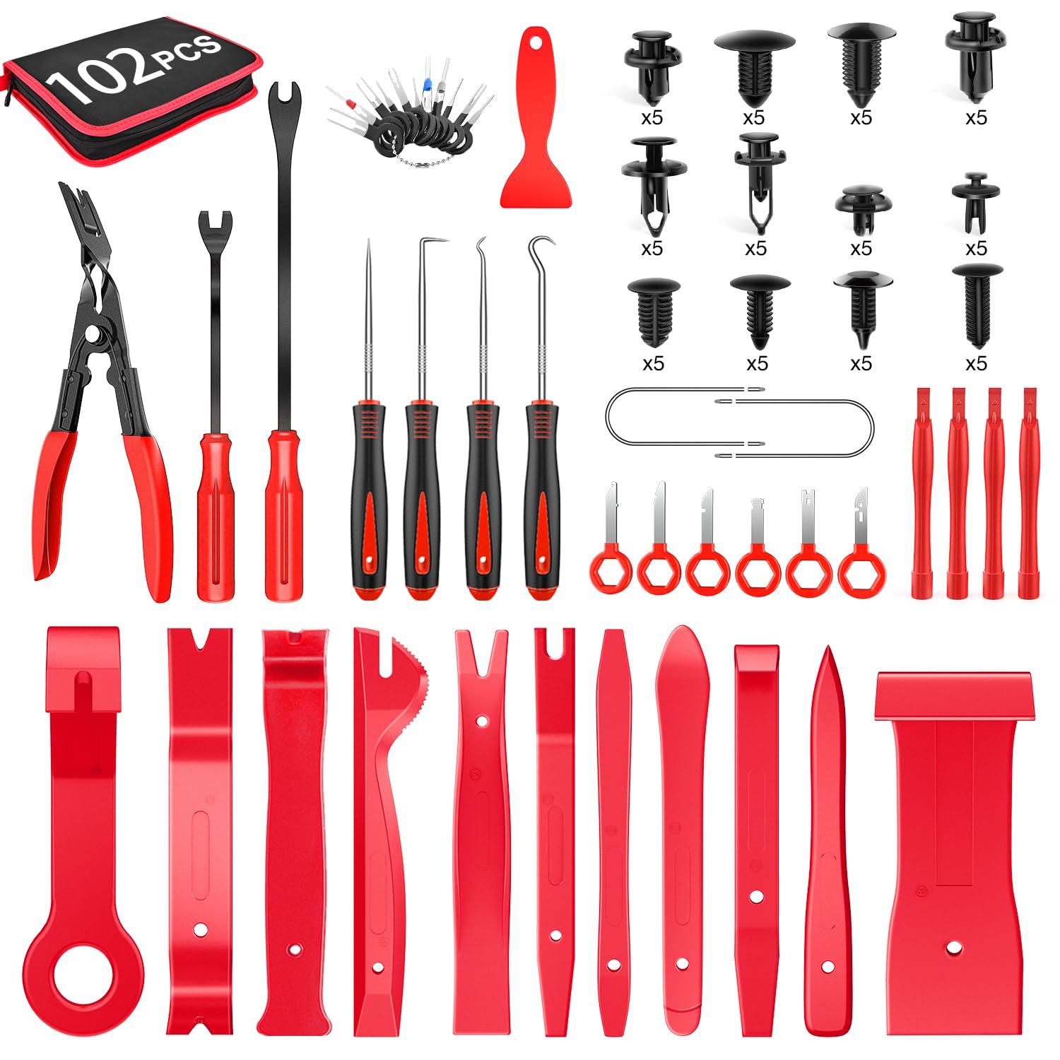 GOOACC 102Pcs Trim Removal Tool, Auto Terminal Removal Tool, Auto Clip Pliers Stereo Removal Tools, Car Upholstery Repair Pry Kit,Precision Hook and Pick Set, Round Handle Crowbar