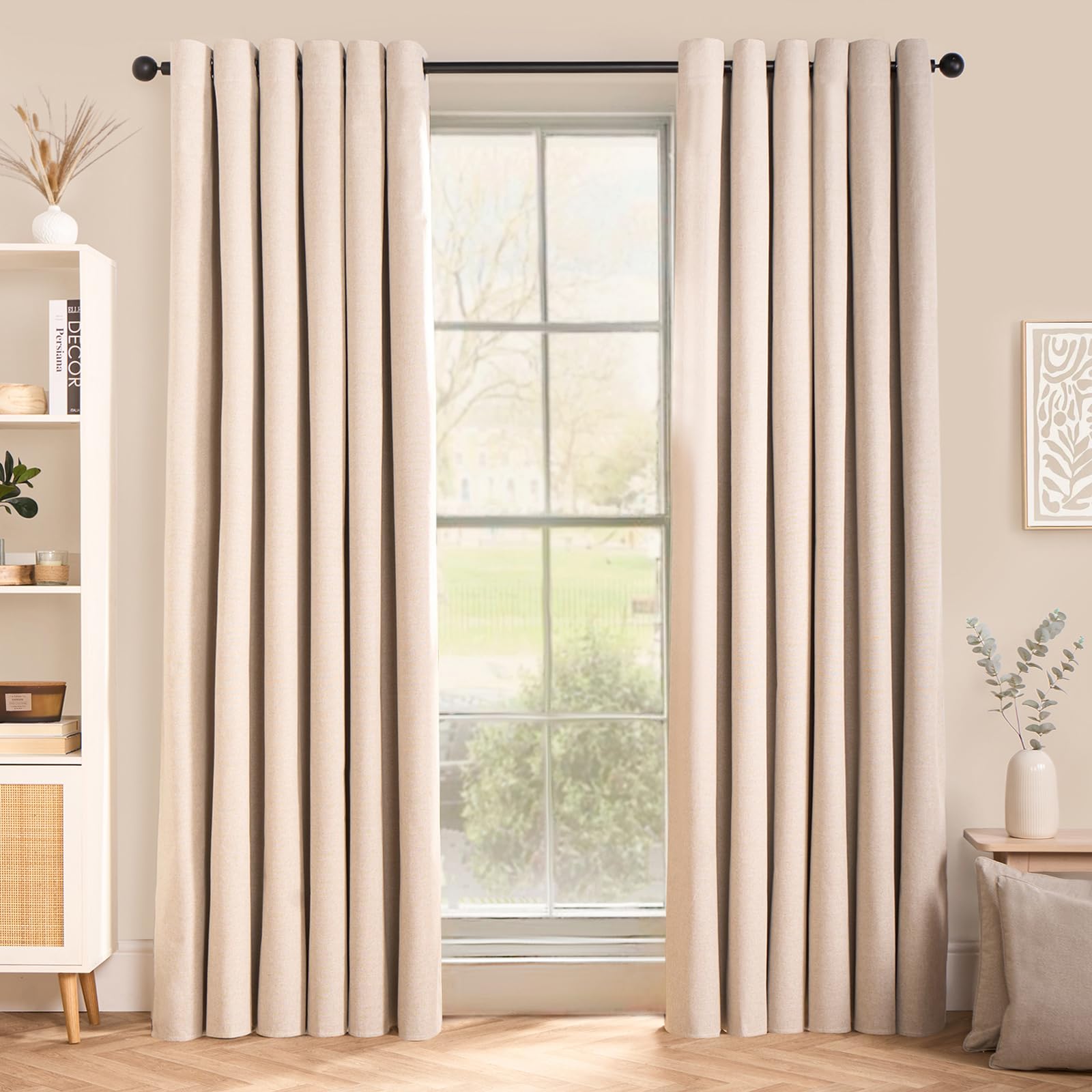 OHS Blackout Curtains Beige Eyelet, Woven Texture Soft Curtains for Living Room Bedroom Office Modern Decorative Extra Wide Curtain for Winter, 90x90”