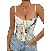 OYOANGLE Women's Graphic Print Boned Lace Up Bustiers Spaghetti Strap Renaissance Vintage Corset