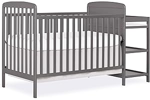Dream On Me Anna 3-in-1 Convertible Full-Size Baby Crib & Changer with Storage in Steel Grey, GreenGuard Gold & JPMA, Pinewood, Converts to Day & Toddler Bed, 3 Mattress Heights, 1″ Changing Pad