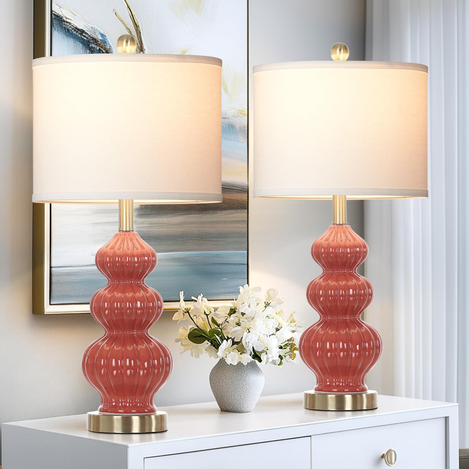 Photo 1 of 26" Triple Gourd Ceramic Table Lamps Set of 2,Modern Orange Bedside Lamps USB A+C Ports & AC Outlet -Ceramic Nightstand Lamps for Bedroom, 3 Way Touch Control Contemporary Living Room End Tables