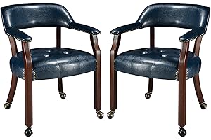 LEEMTORIG Set of 2 Dining Chairs with Casters and Arms, Large Rolling Dining Chairs with Wheels, Accent Poker Table Chairs, Solid Wood Boss Caption's Chairs, Cherry Legs & Blue SY-1533-LB