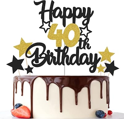 Gidobo 40th Birthday Cake Topper Black Gold Glitter Stars Men Women Party Decor