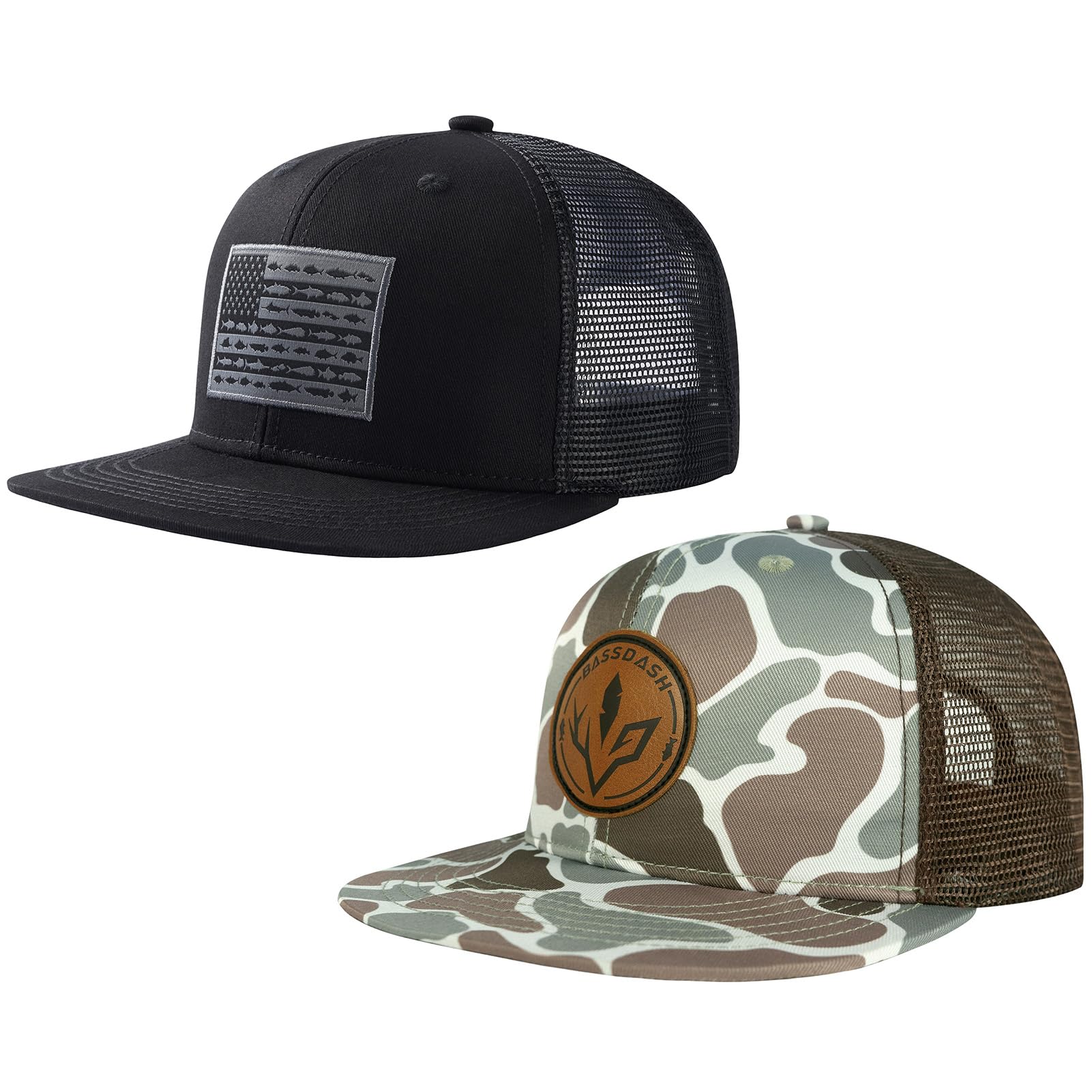 Photo 1 of BASSDASH 2 Pack Flat Brim Trucker Cap Adjustable Snapback Hat Mesh Back for Men Women Fishing Hunting