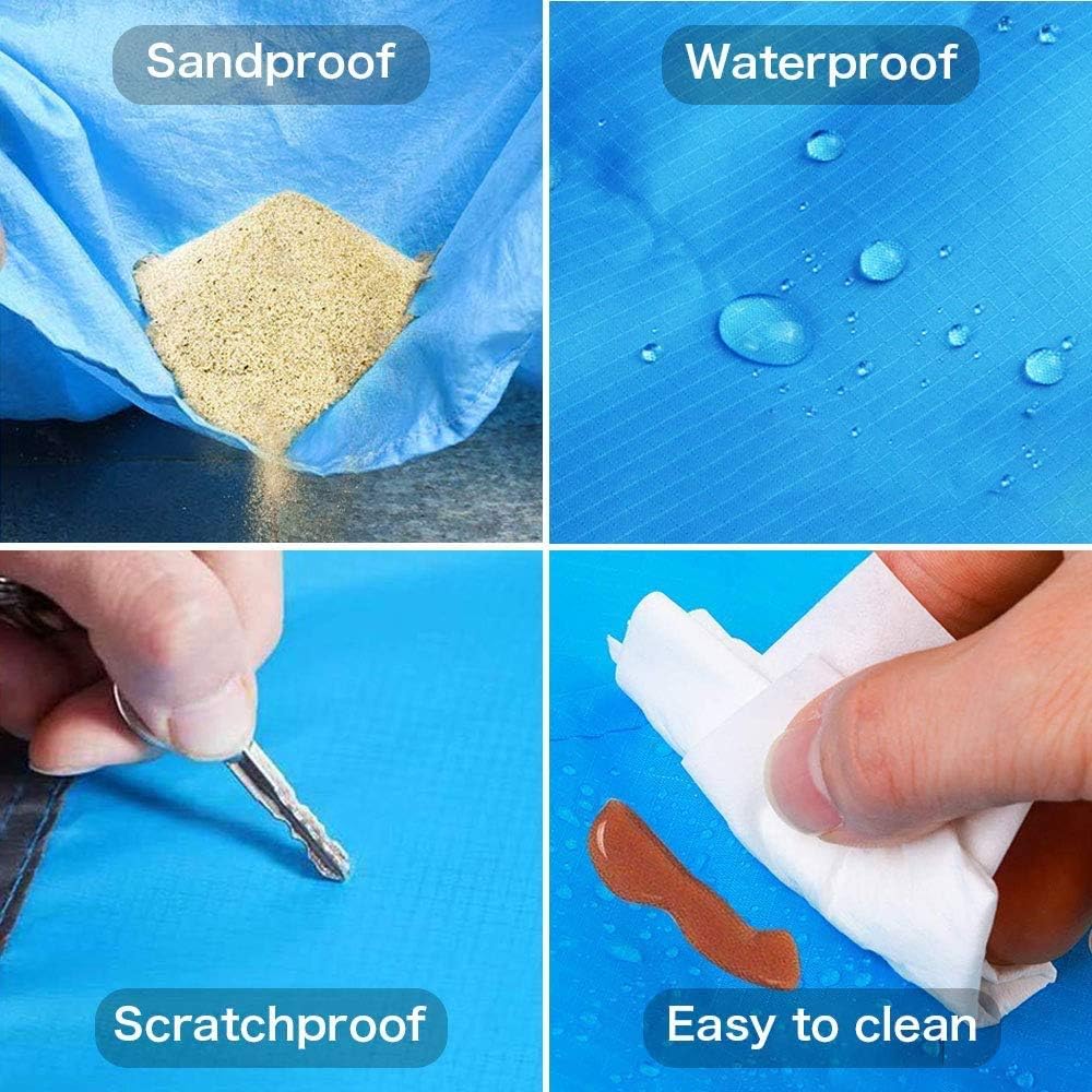 Fashion Beach Blanket, Oversize 108" x 120" for 10-12 Adult Waterproof Outdoor Portable Picnic Mat with 4 x Stakes & Corner Pockets - Beach Mat for Travel, Camping, Hiking, Music Festivals, BBQ (Blue): Kitchen & Dining