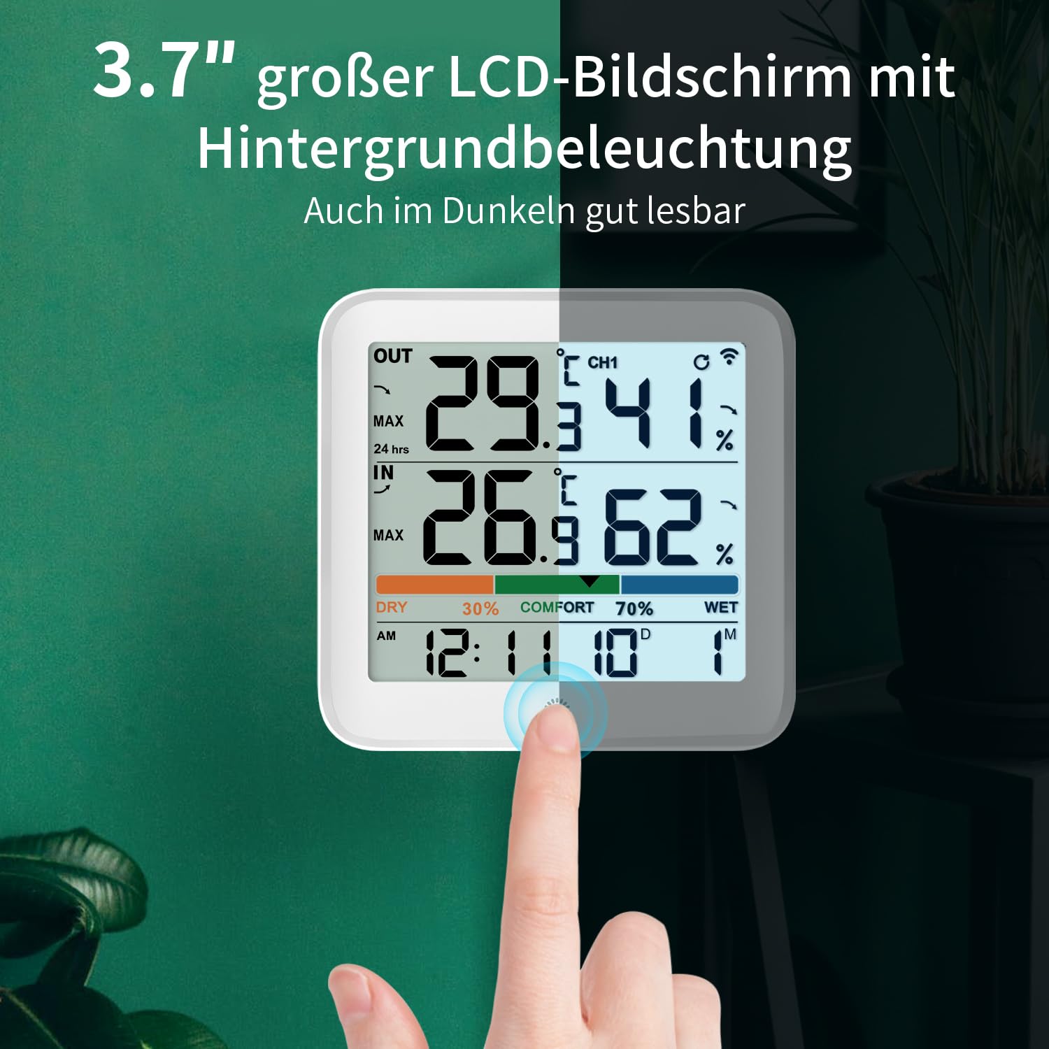 VOCOO Thermometer Innen/Ausen,kabellos Wetterstation Hygrometer mit Außensensor mit uhr,Digitales Raumthermometer mit Hintergrundbeleuchtung Luftindikator LCD MIN/MAX Display, ℃/℉ Schalter 4