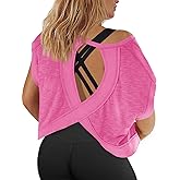 Fisoew Womens Plus Size Open Back Workout Tops Backless Short Sleeve Athletic Shirt Running Crop Top Gym Yoga T-Shirt