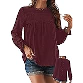 Falechay Womens Boho Tops Long Sleeve Shirts For Women Cute Crewneck Blouse Dressy Casual Swiss Dot Crochet Hollow Top 2026
