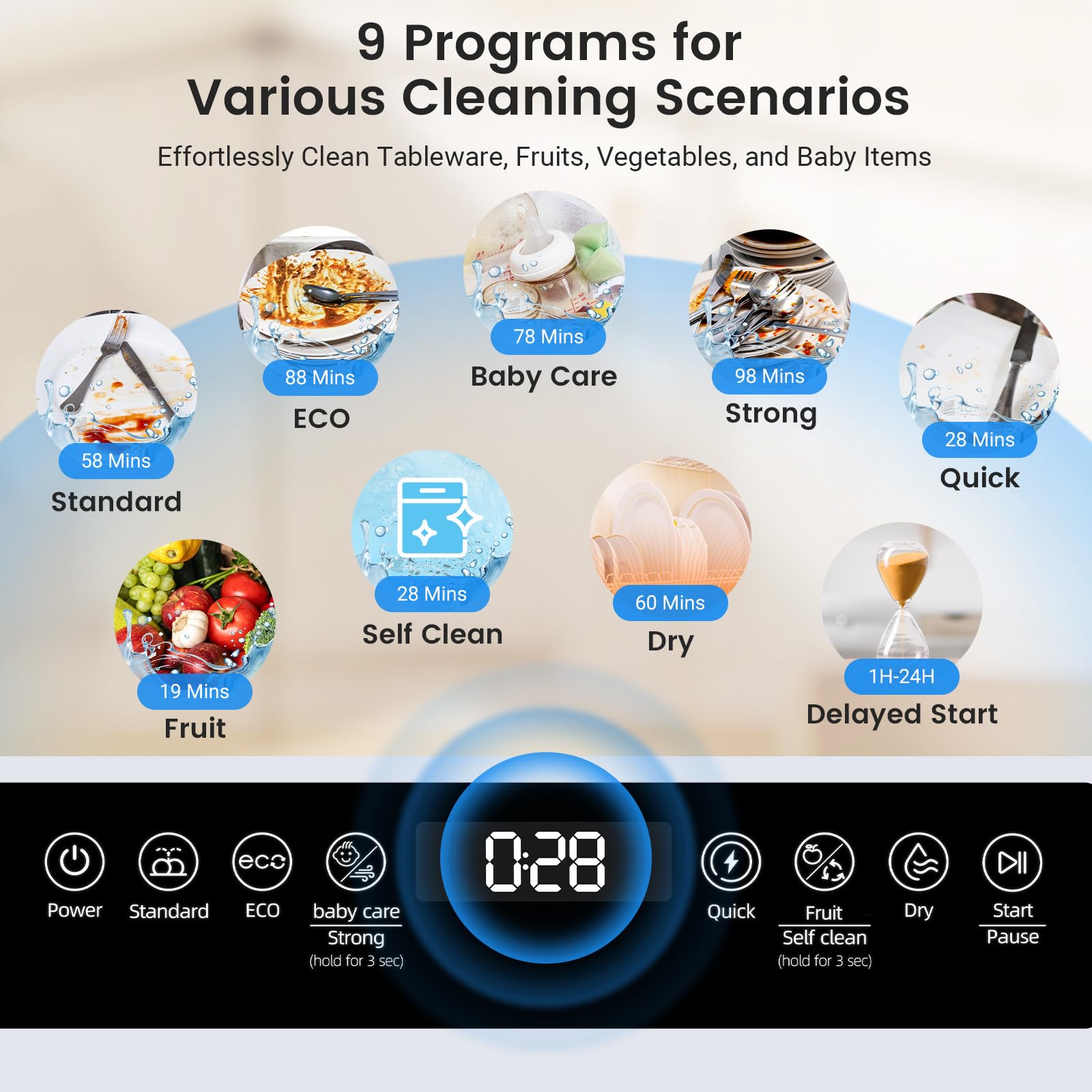 BLITZHOME Countertop Portable Mini Dishwasher, 9 Programs,167℉ High-Temp, Hot Air Drying, Air Refresh, 360° 3 Spray, 24H Timing, LED Light, 5.2L Built-in Water Tank for Apartments RVs