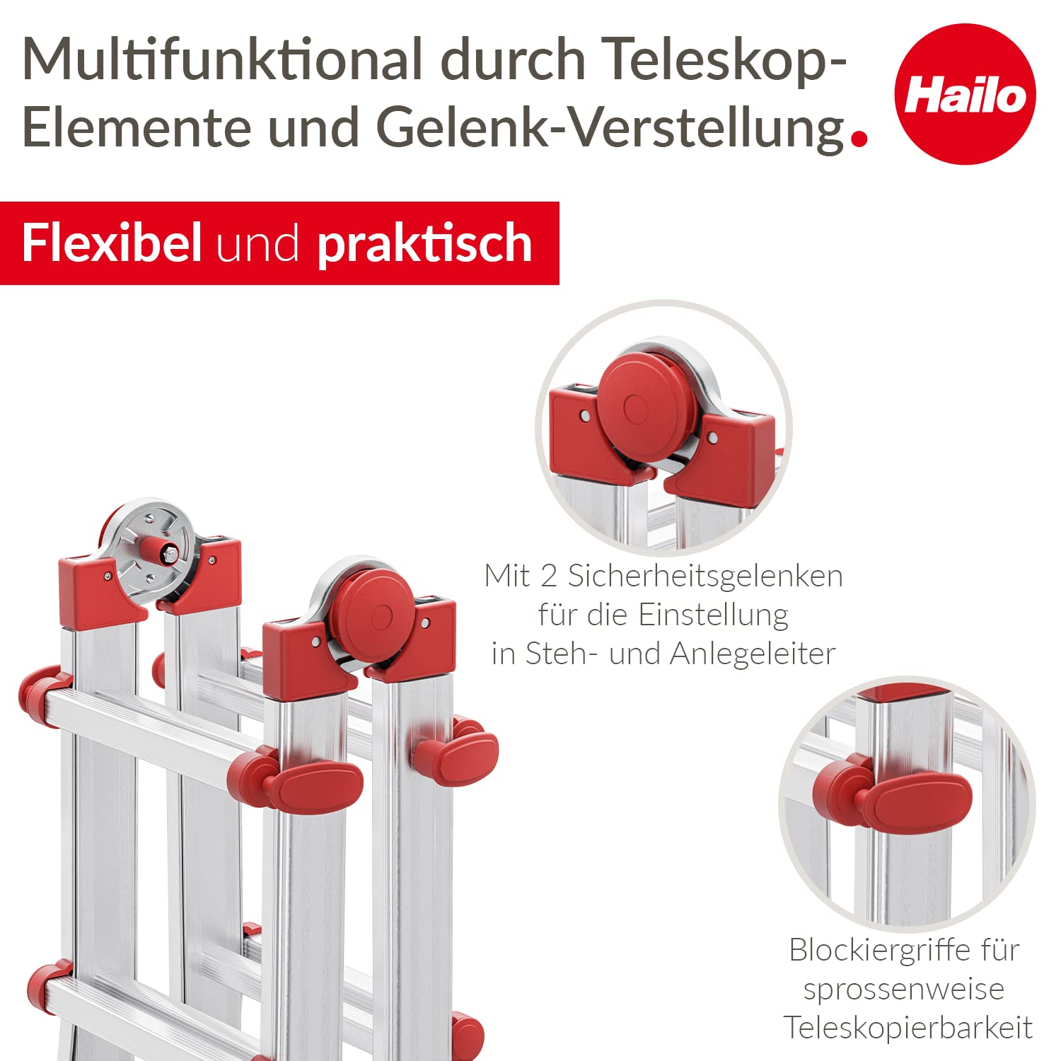 Hailo M80 Alu-Multifunktionsleiter - Schiebeleiter 4 x 5 Sprossen belastbar bis 150 kg - Sicherheitsgelenke und Rastgriffe - sprossenweise höhenverstellbar - Mehrzweckleiter rostfrei - Silber 3