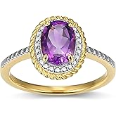 MORGAN & PAIGE .925 Sterling Silver 18K Yellow Gold Plated Oval Birthstone and Diamond Accent Halo Statement Ring - Prong Setting Women’s Birthday Silver Jewelry for Her, Choice of Gemstones